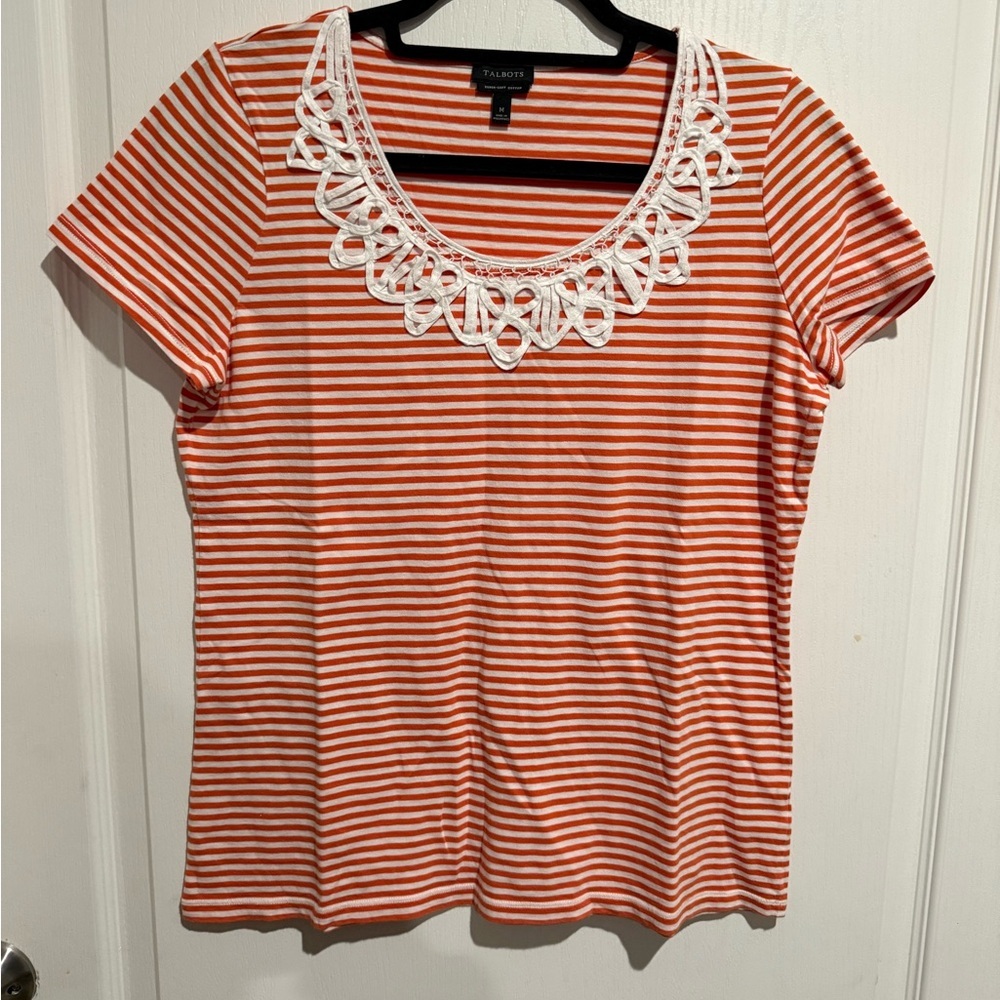 Talbots orange and White Striped Tee with Lace Neckline